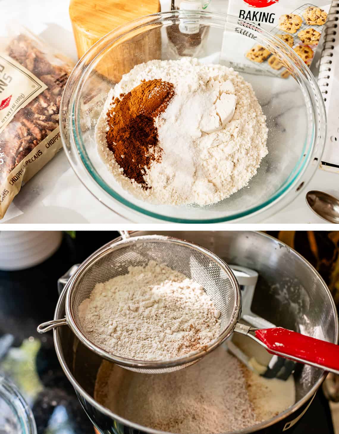 top dry ingredients all added in a bowl, bottom sifting those dry ingredients into the mixer.