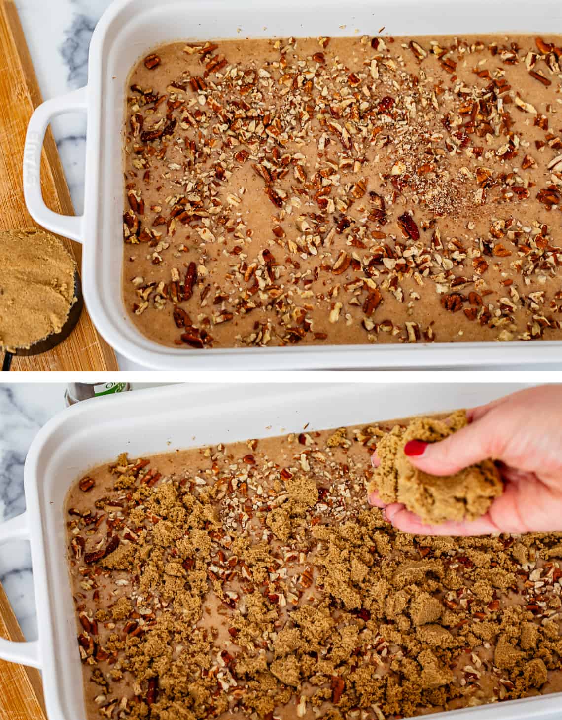 top pecans layered on top of batter in pan, bottom brown sugar added over the pecans.