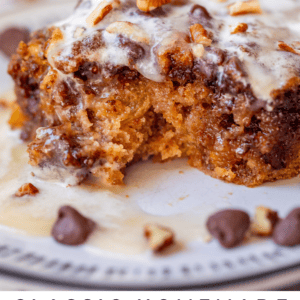 close up of a piece of picnic cake with a bite and text "classic homemade picnic cake".