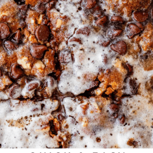 overhead close up of cut picnic cake with text "quick & easy picnic cake with buttermilk glaze.