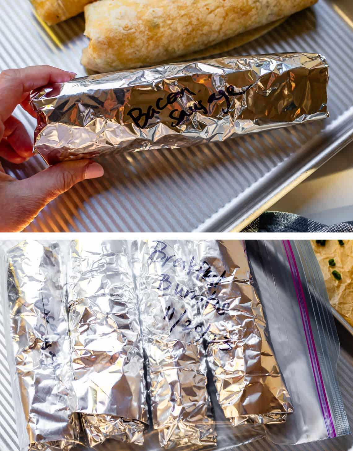 Wrapped breakfast burritos in foil ready to be frozen in ziploc bag.