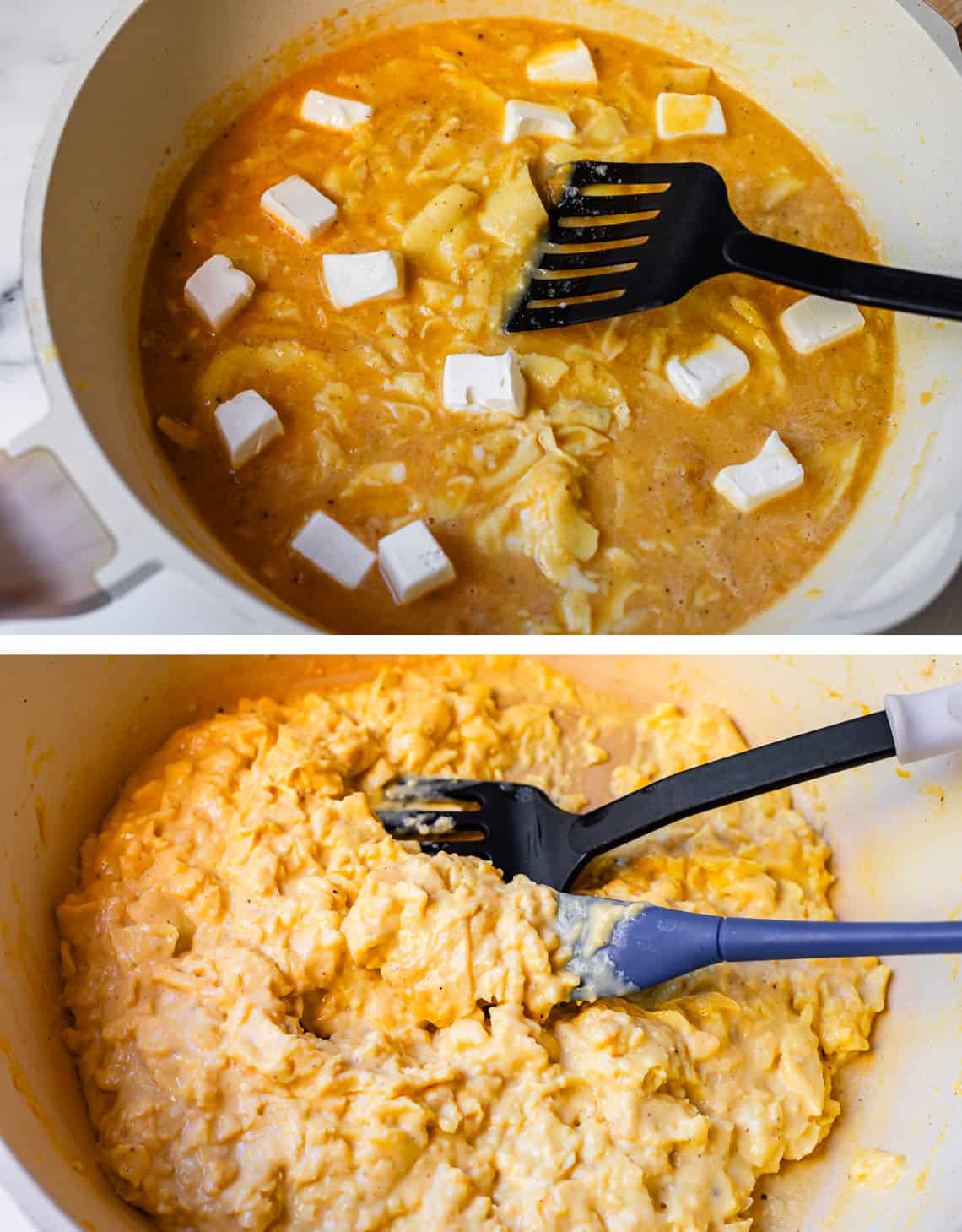Scrambled eggs being cooked with chunks of cream cheese added in and cooked eggs after being fully cooked.