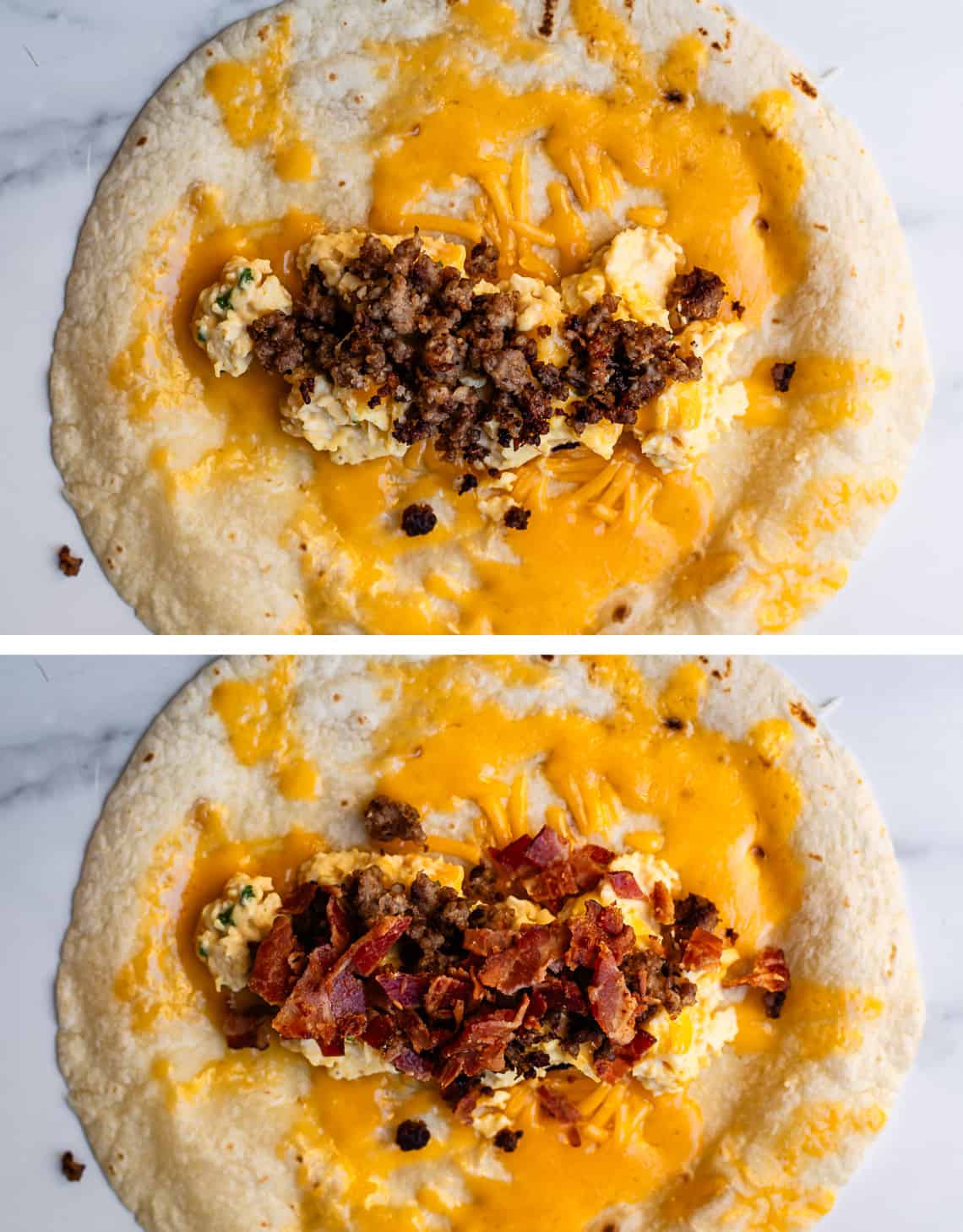 Overhead shot of tortilla with cheese, scrambled eggs, sausage, and bacon.