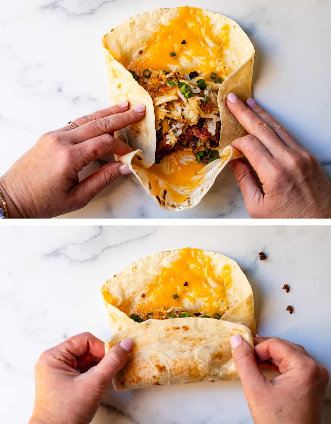 Folding a breakfast burrito starting with the sides and then folding from the bottom.