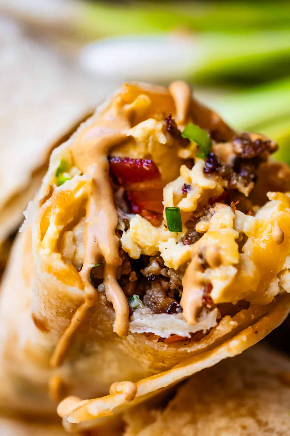Close-up shot of breakfast burrito with sausage, eggs, bacon, and green onion.