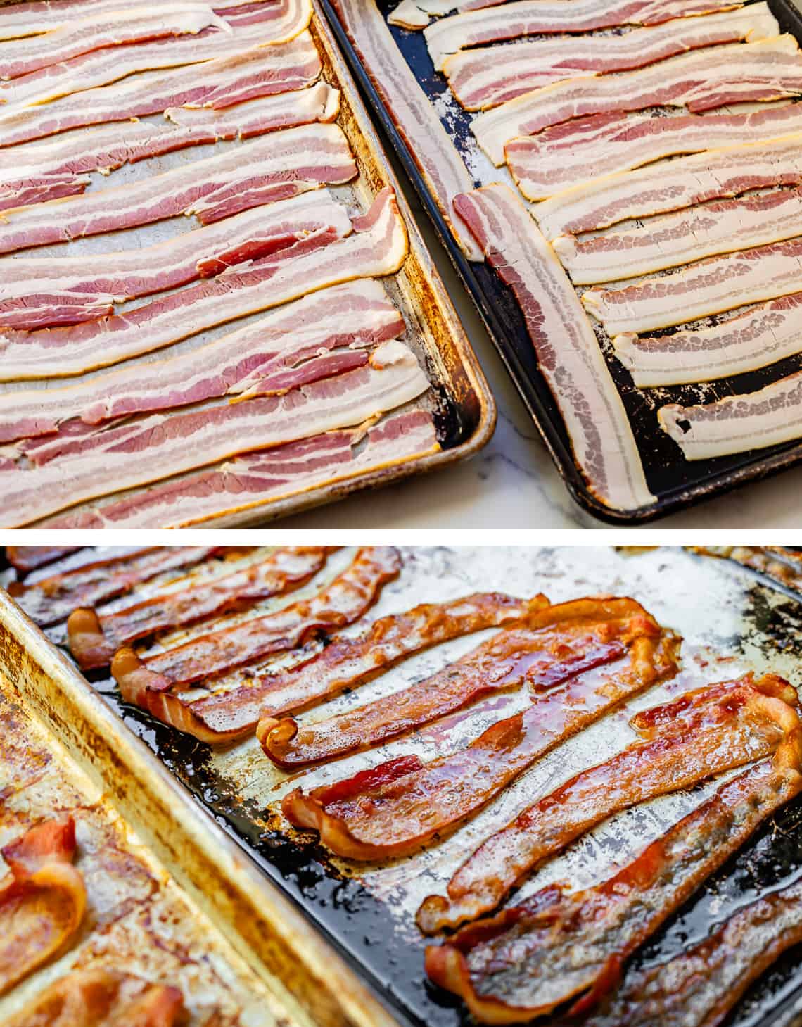 double photo of uncooked bacon on baking sheet with bottom photo of cooked crispy bacon after baking.