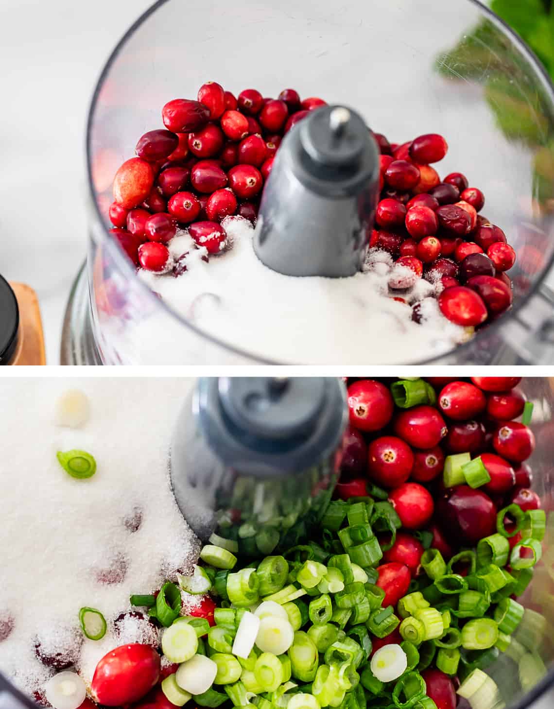 cranberries and green onions in food processor ready to be diced.