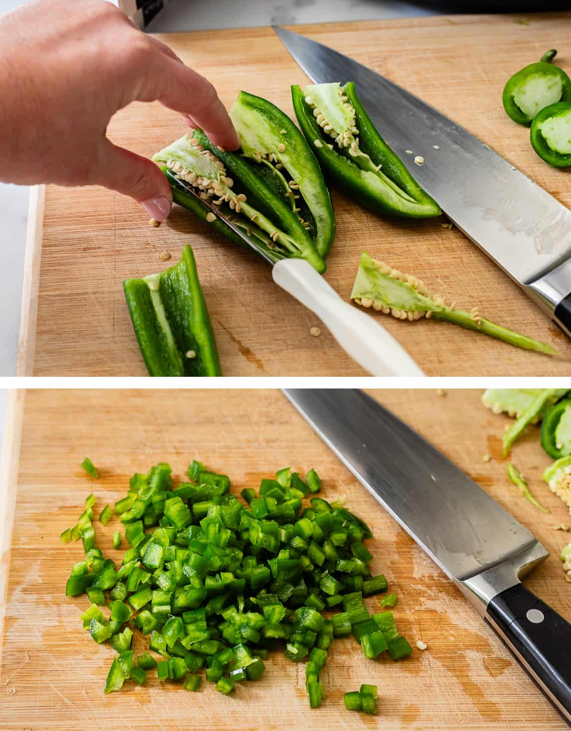 slicing the membranes out of fresh jalapeños and dicing them small.