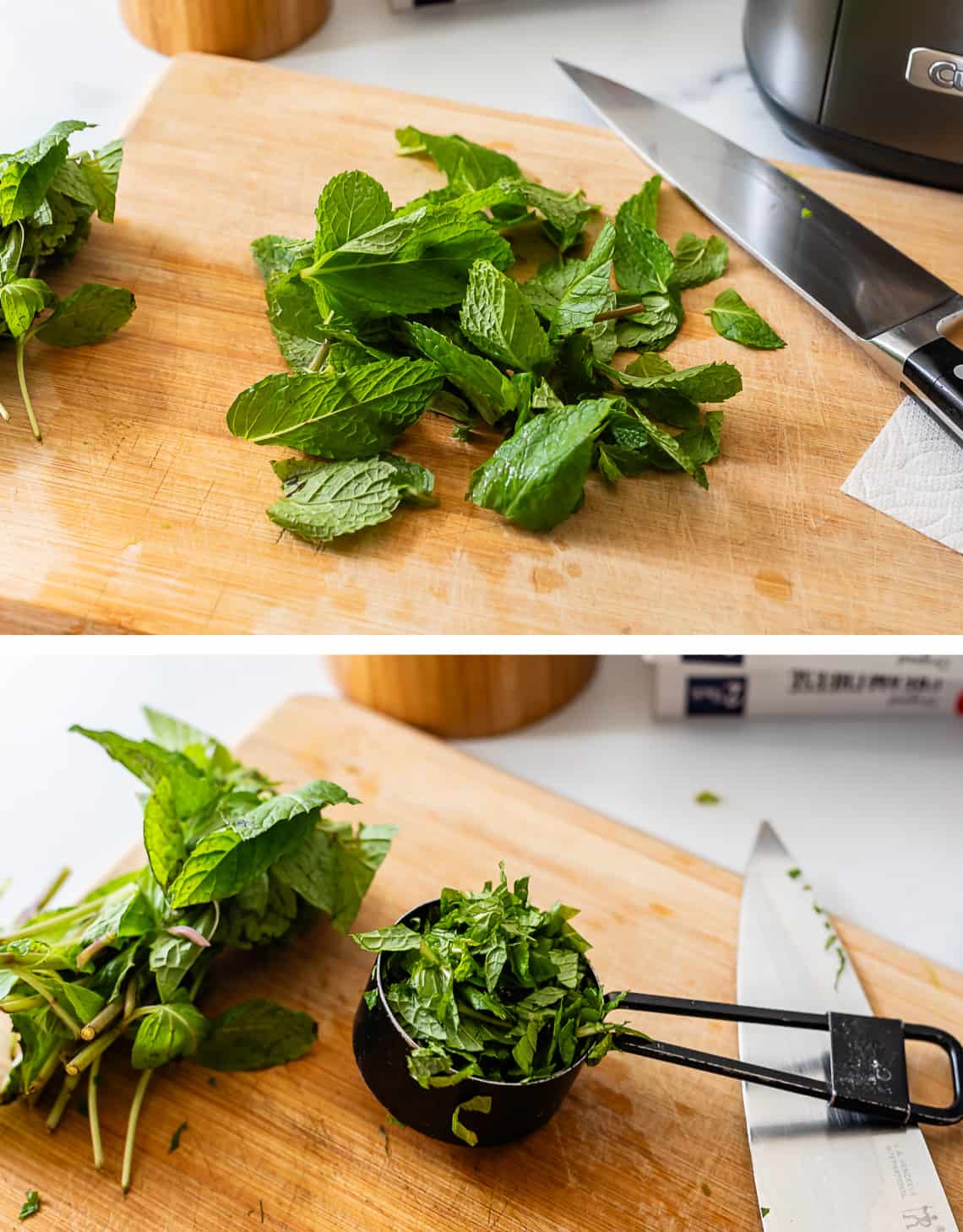 chopping and measuring fresh mint on a wooden cutting board.