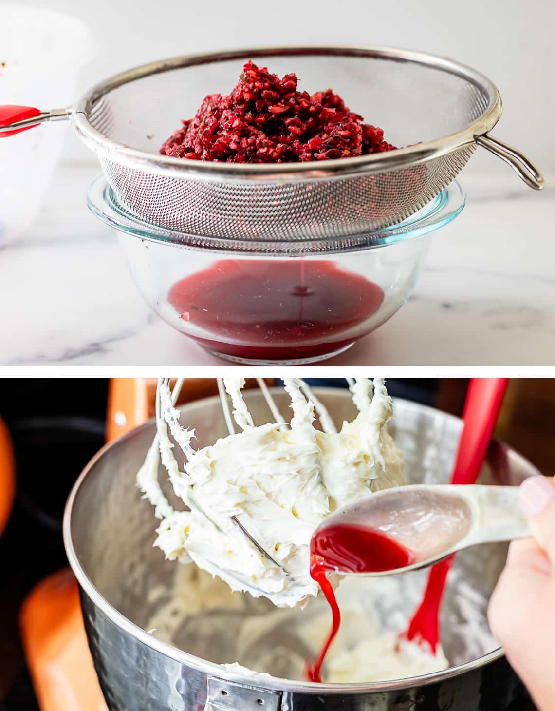 straining chopped cranberry dip to remove excess juice and adding juice to whipped cream cheese.