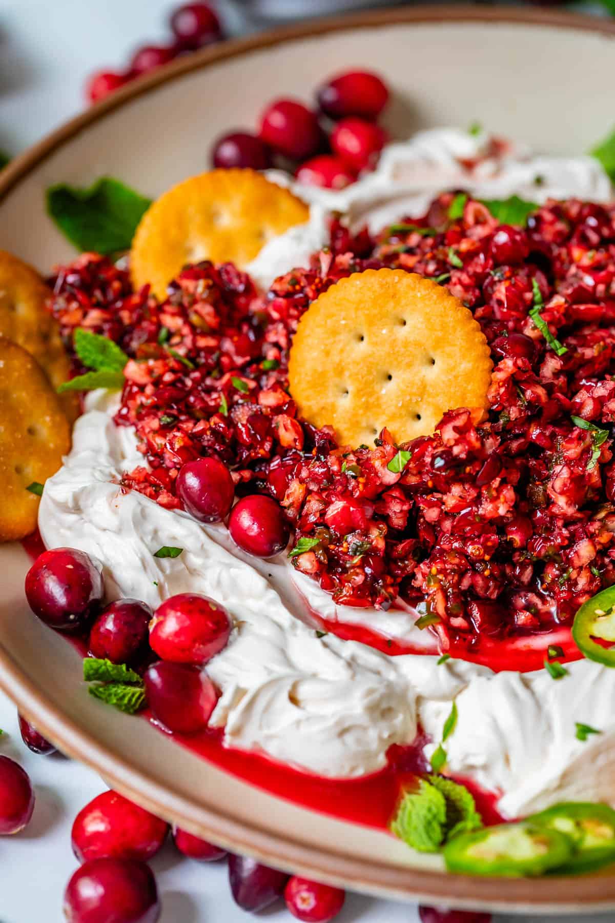 bowl with cranberry jalapeño dip over cream cheese with fresh cranberries and green onion as garnish.