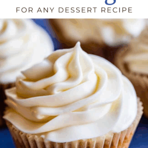 Three cupcakes with swirled cream cheese frosting on top, displayed on a blue surface. Text above reads: Cream Cheese Frosting for Any Dessert.