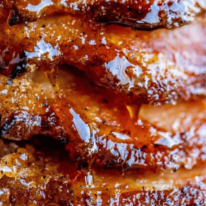 Close-up of thick, juicy slices of honey ham with a shiny, caramelized glaze, stacked on top of each other. Text reads “Honey Baked Ham—The Food Charlatan” at the bottom.