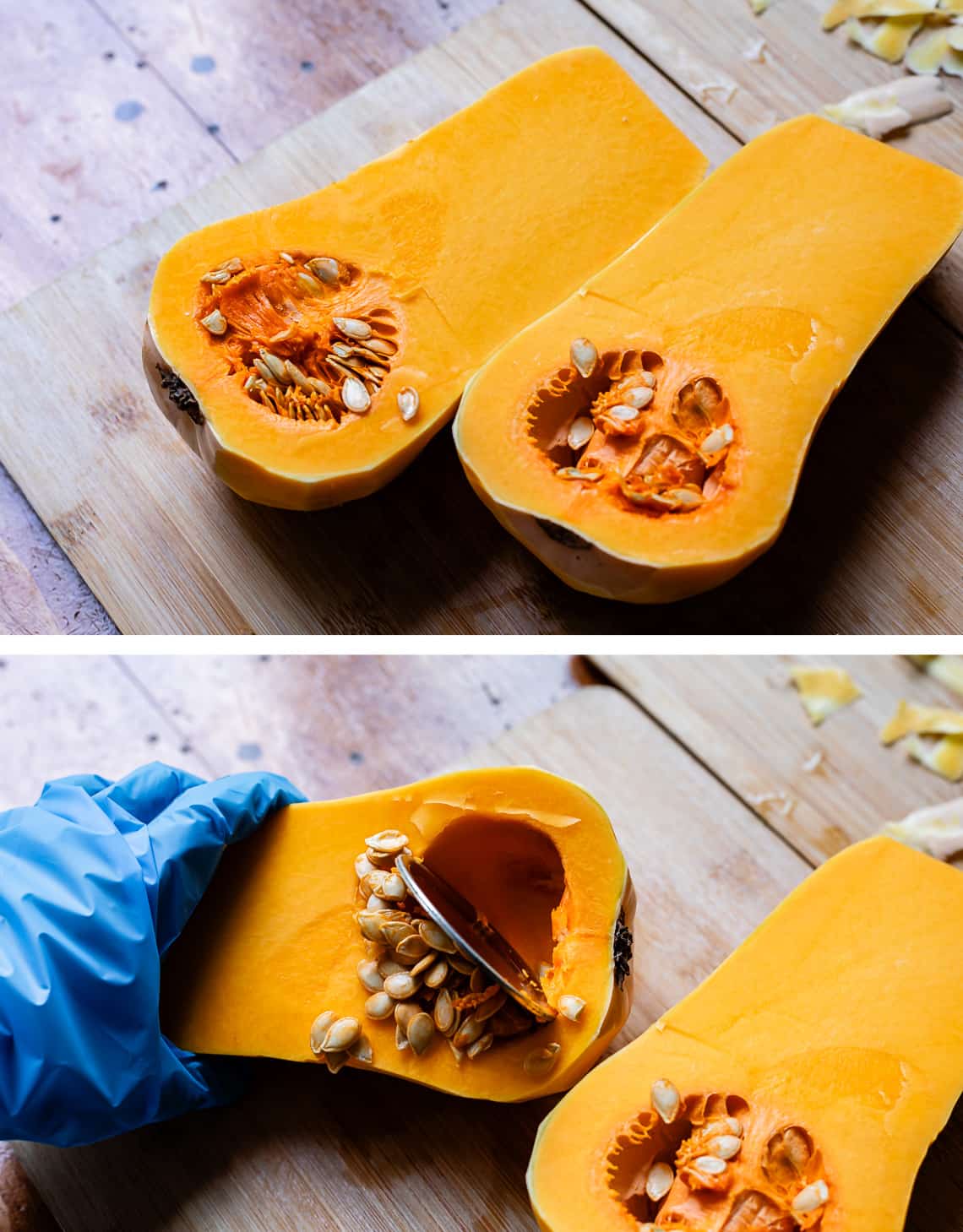 top vertically sliced butternut squash, bottom using a mason jar lid to scoop out the guts.