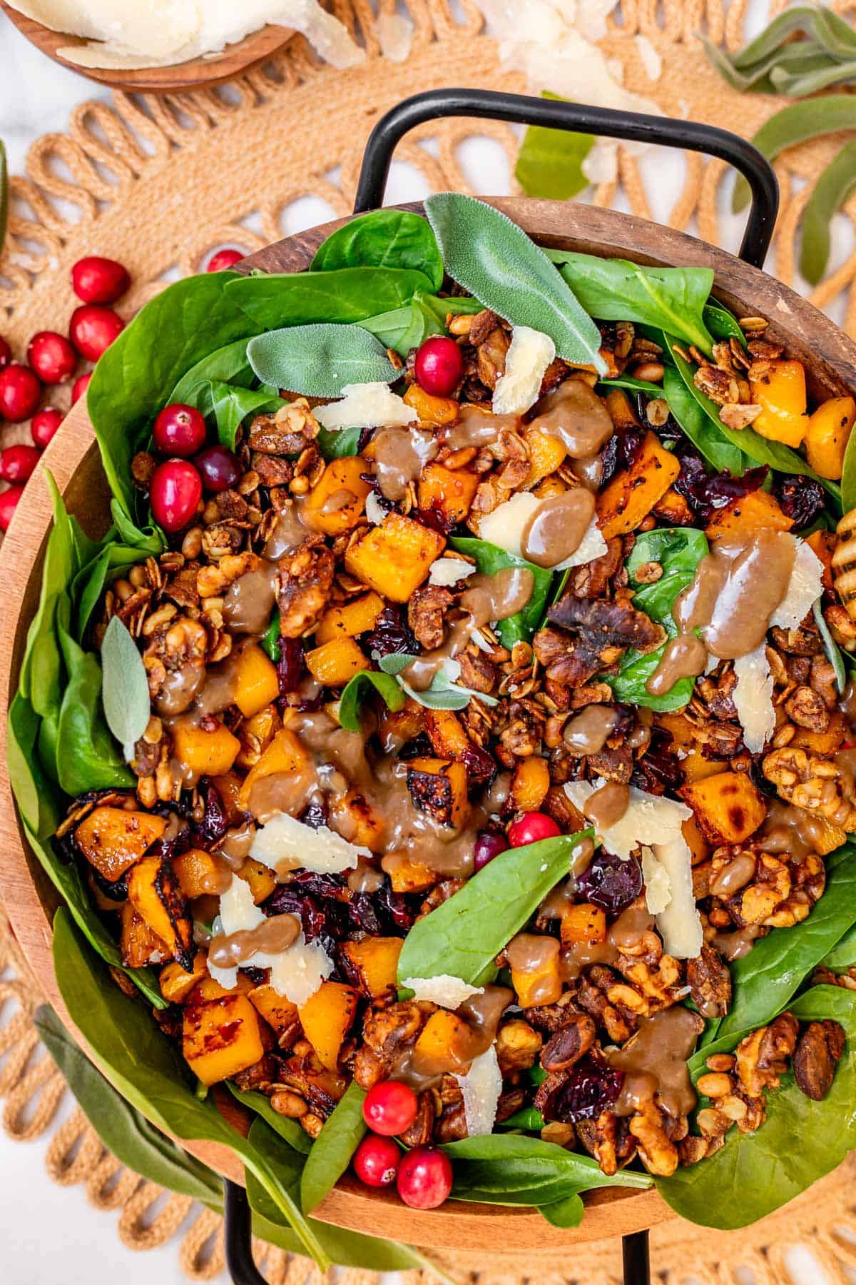 honey roasted butternut salad with brown butter balsamic dressing drizzled over the top.