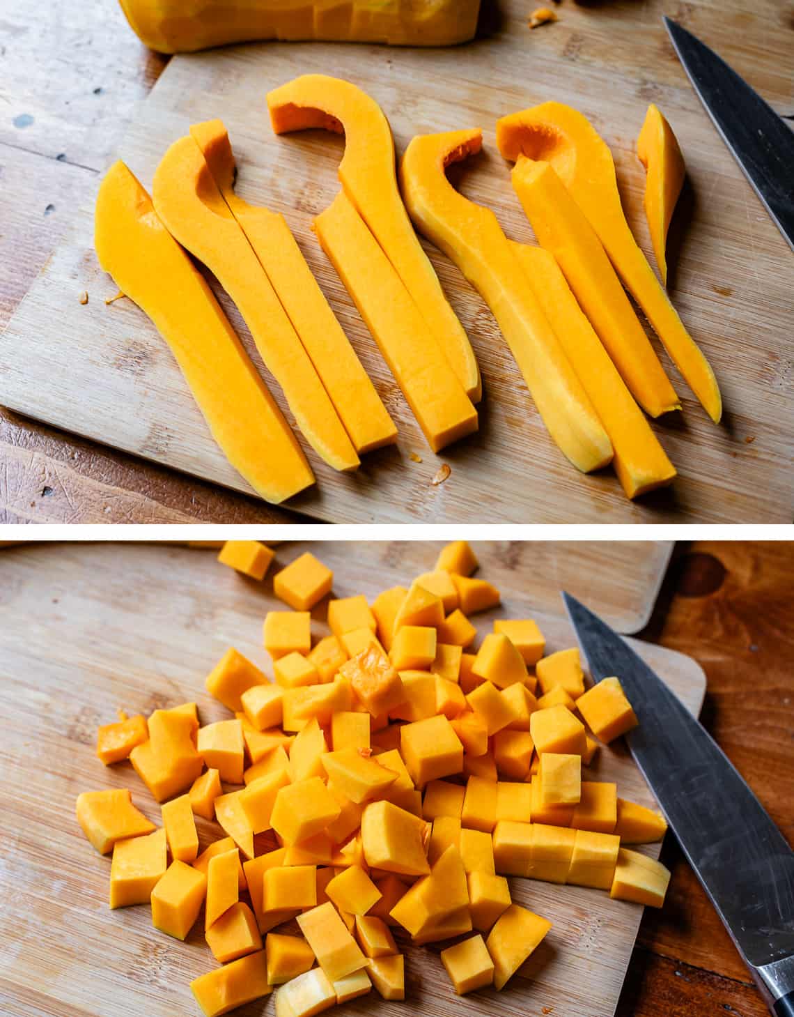top long slices of butternut squash after peeling, bottom chopped 1" pieces of squash.