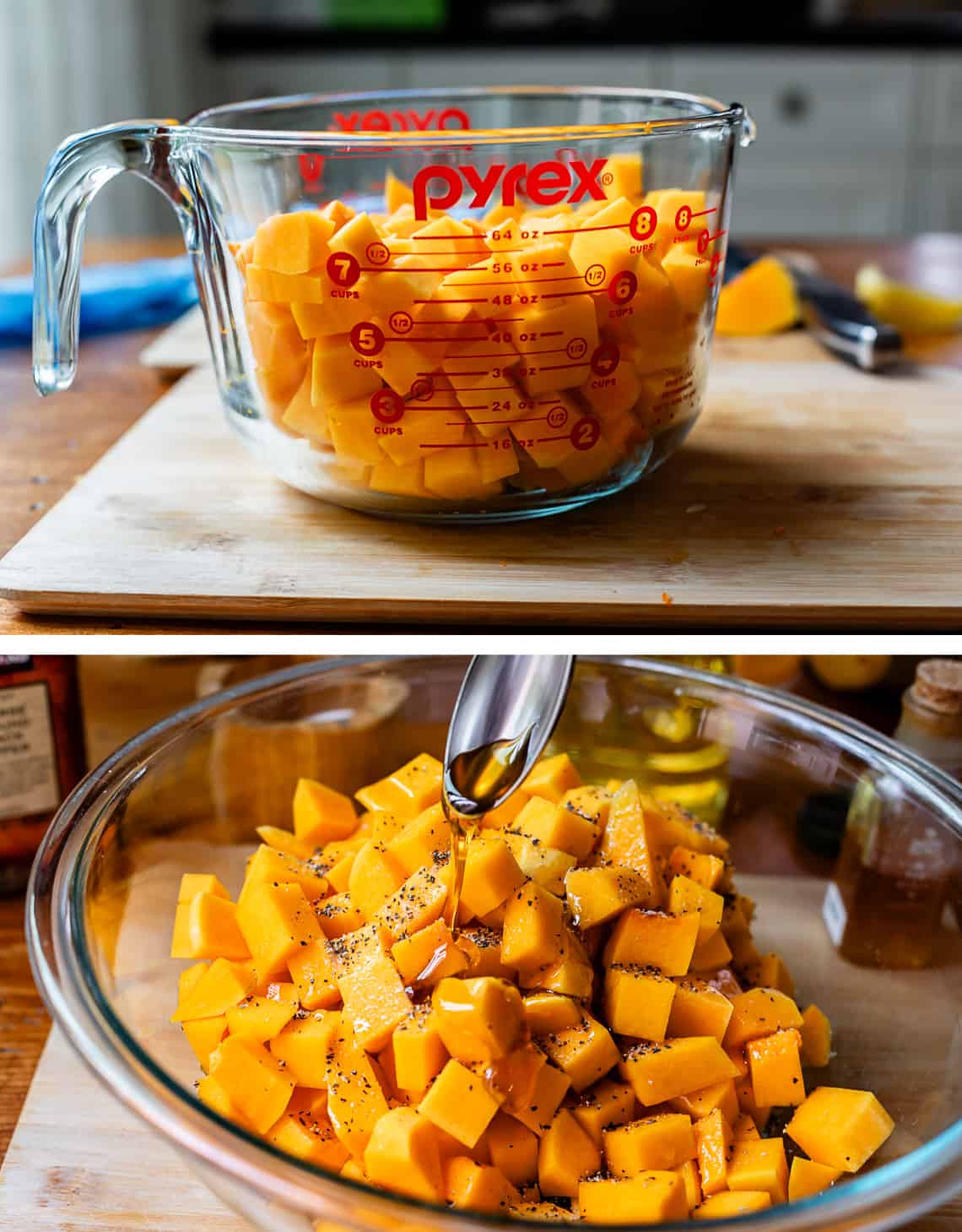top glass measuring cup with 8 cups cut squash, bottom squash in glass bowl pouring sauce on top.