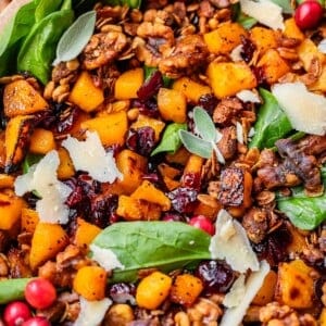 wooden bowl with spinach, roasted squash, cranberries, shaved parmesan, and more.