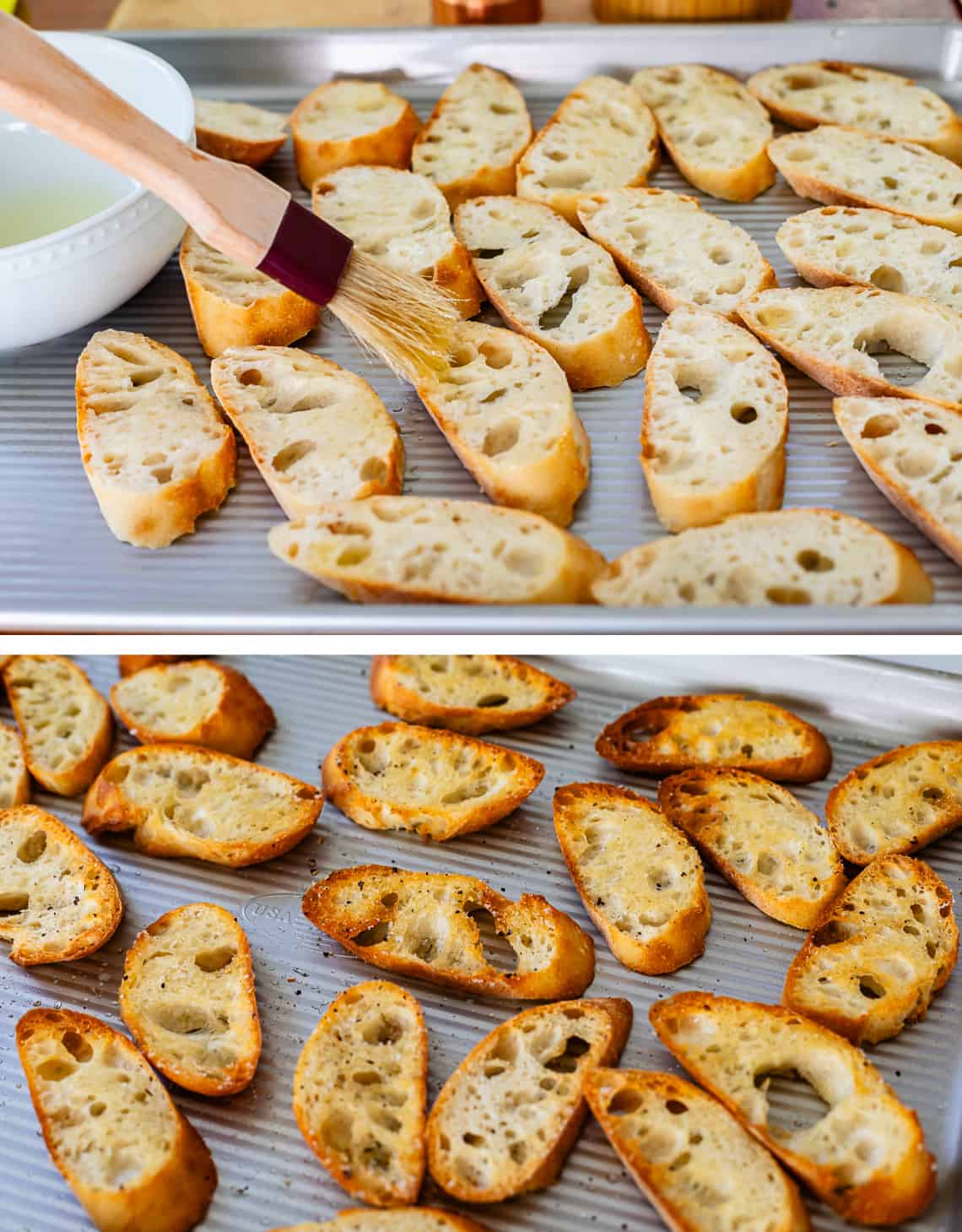Prepping sliced french bread with oil, salt, and pepper and toasted slices after having come out of the oven.