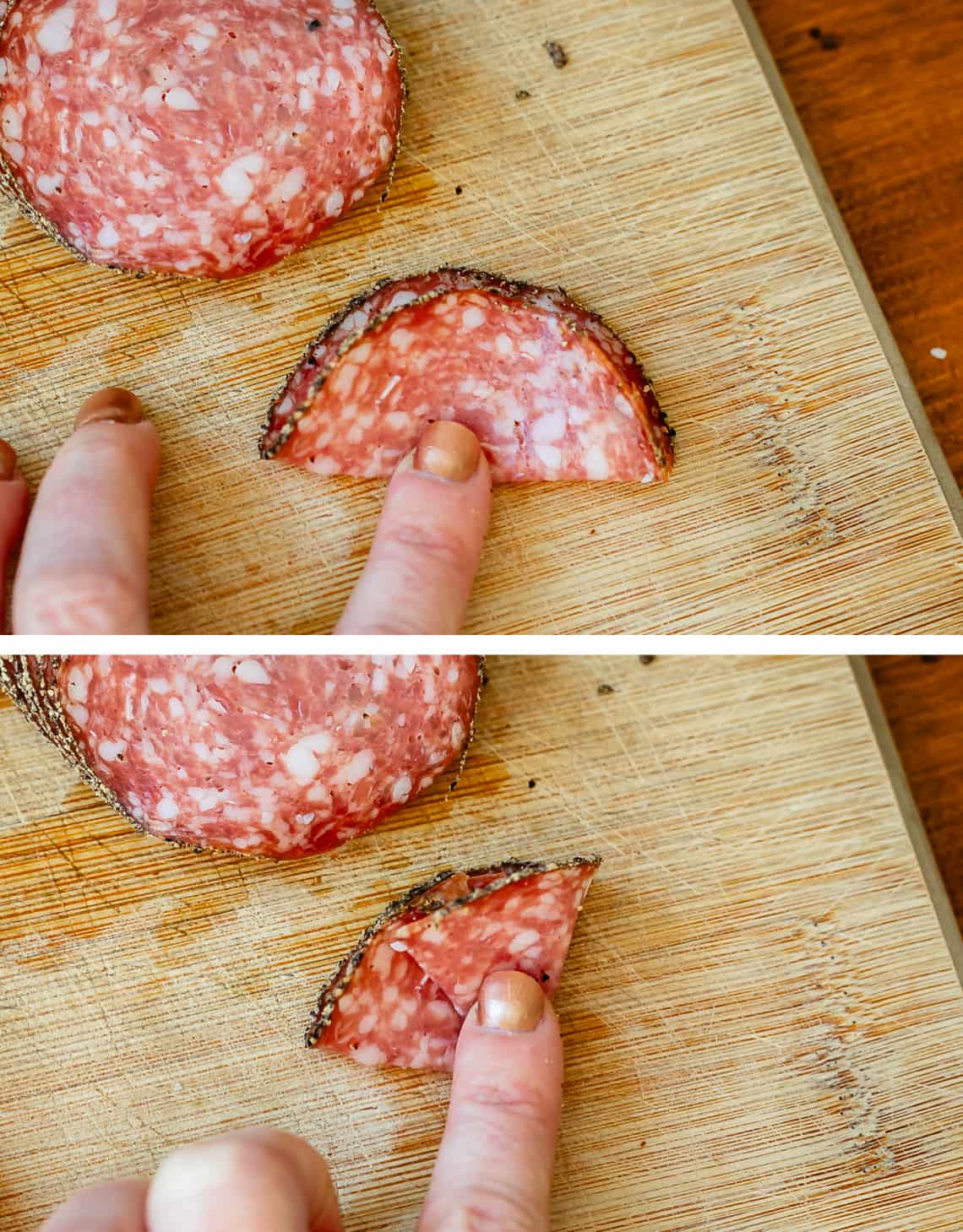 How to fold a piece of black pepper salame for display.