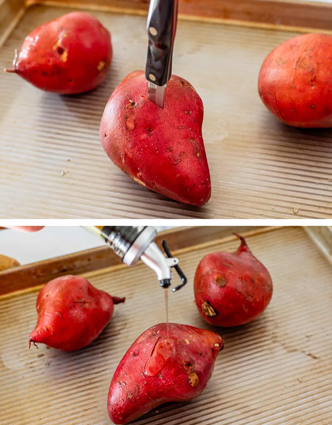 top piercing a sweet potato with a knife on a baking sheet, bottom drizzling oil over the top.