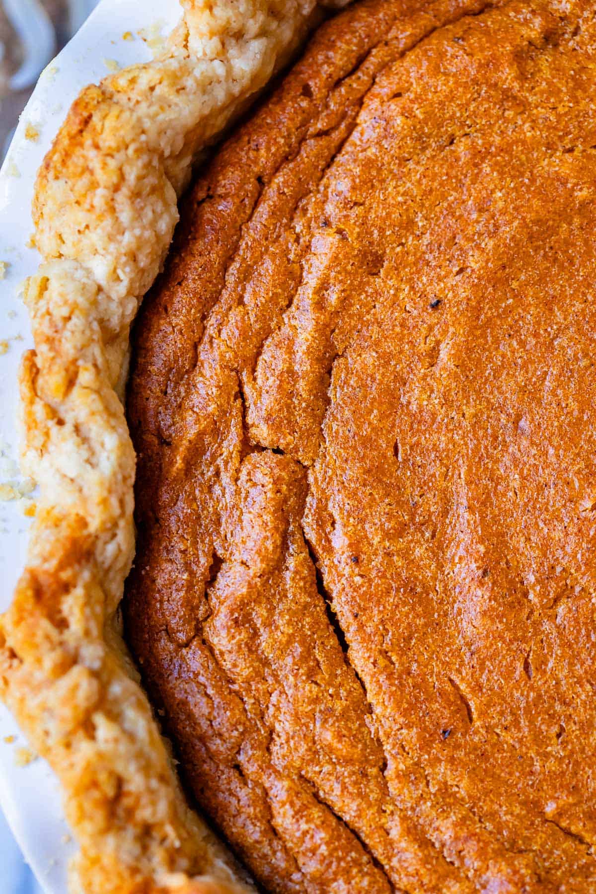 overhead shot looking down on a whole, baked sweet potato pie with no praline topping.