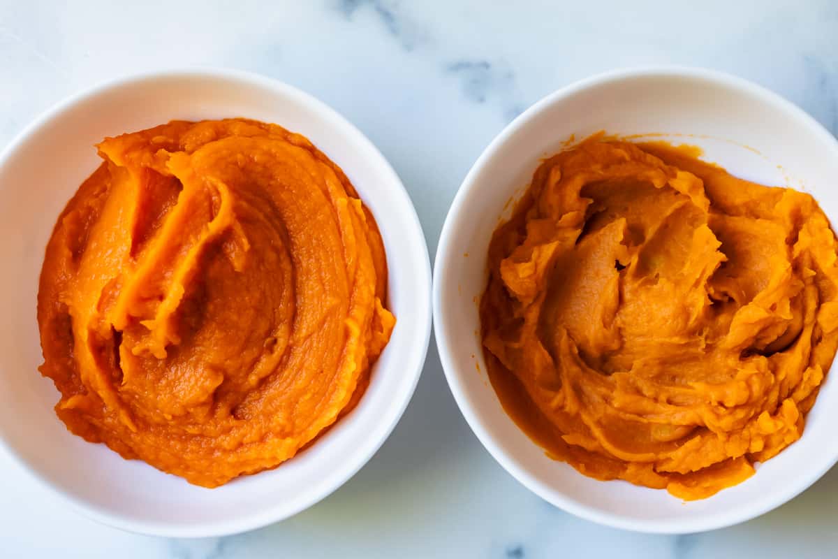 two white bowls with whipped sweet potato; bowl on right shows the roasted potatoes are darker in color.