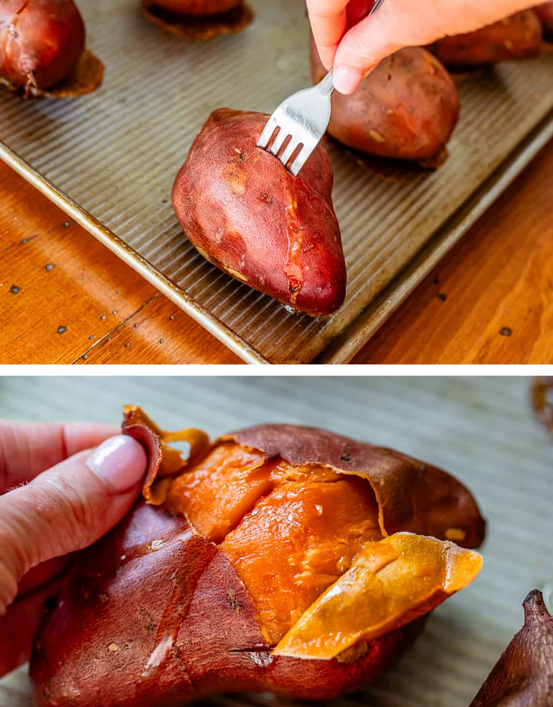 fork testing a sweet potato to see if it's cooked through, peeling the skin off a cooked potato.