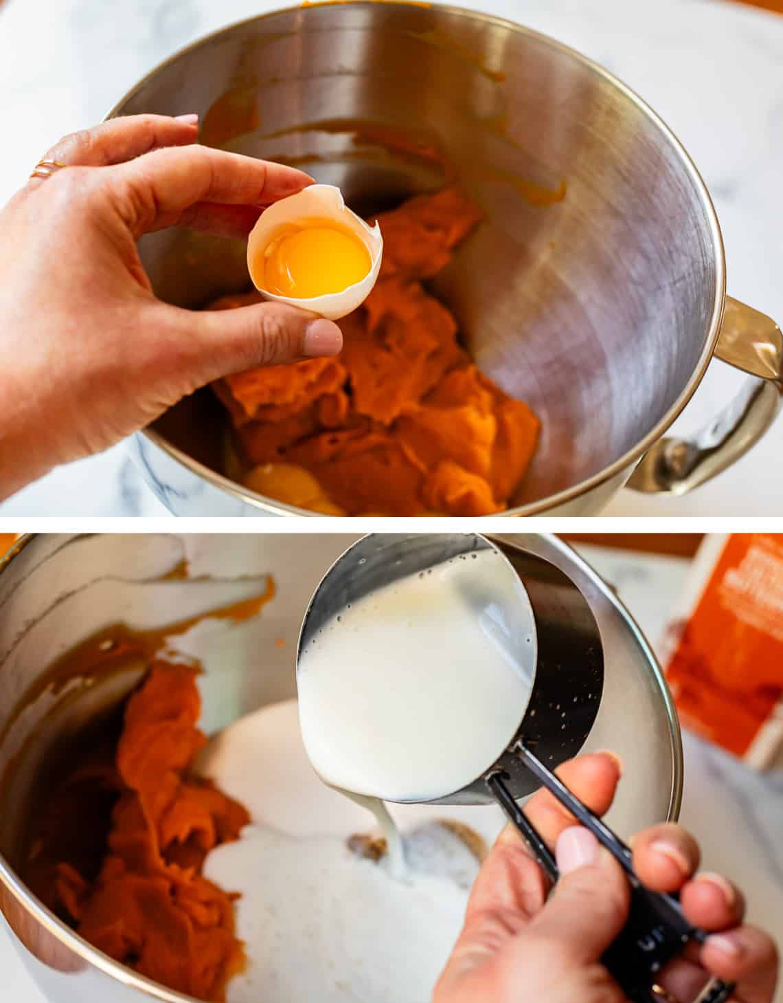 top, egg yolk in shell about to be added to mixing bowl, bottom pouring buttermilk in bowl.