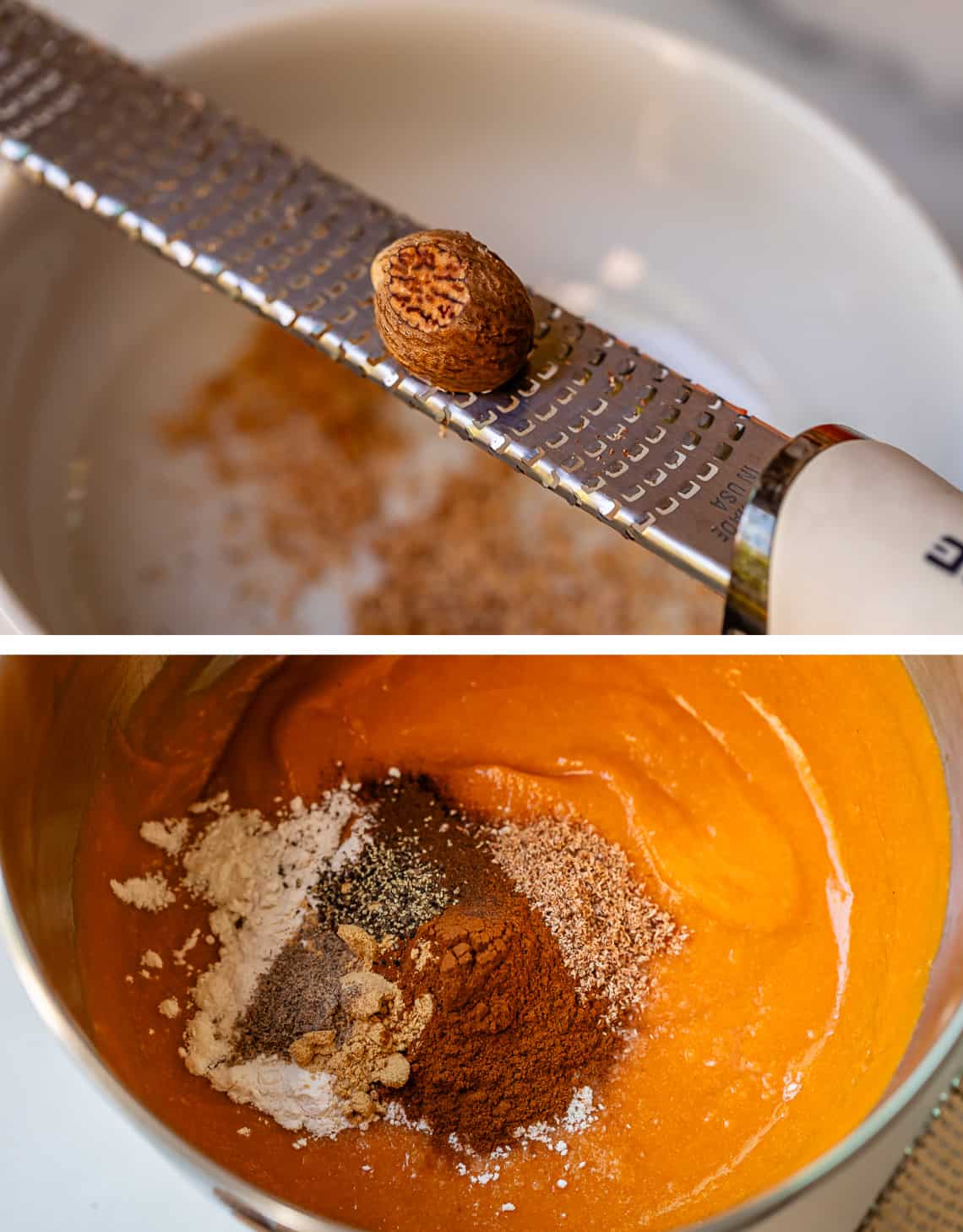 top whole nutmeg sitting on a microplane zester, bottom all the spices added to mixing bowl.