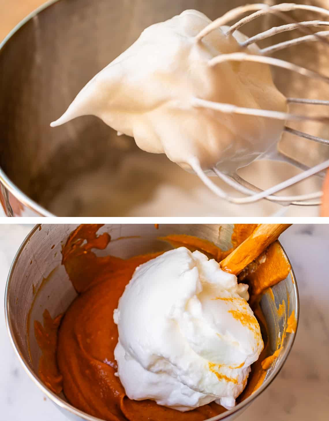 top egg whites shipped to stiff peaks, bottom stiff egg whites added to mixing bowl to fold in.