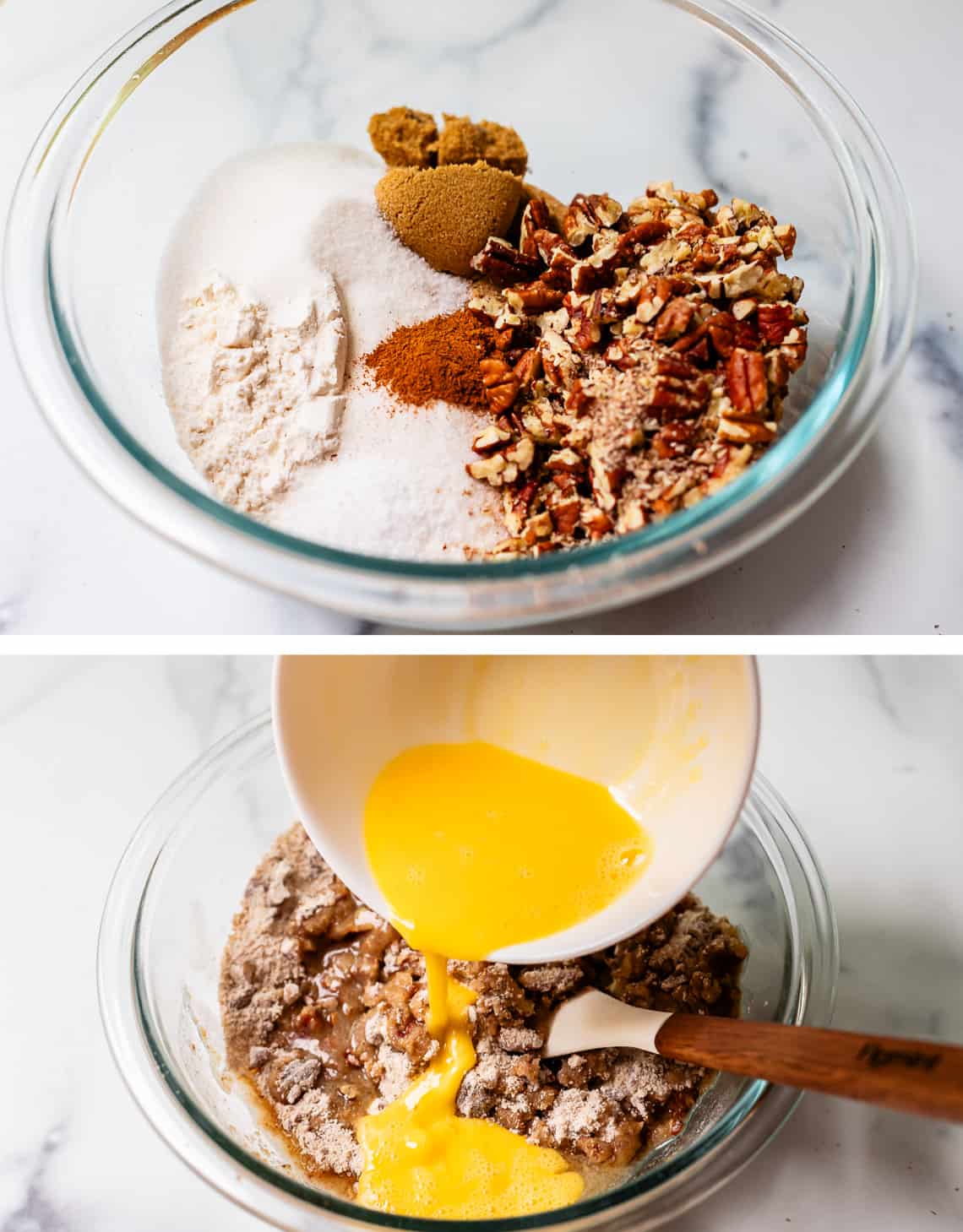 top glass bowl with dry praline topping ingredients, bottom pouring egg into the bowl.