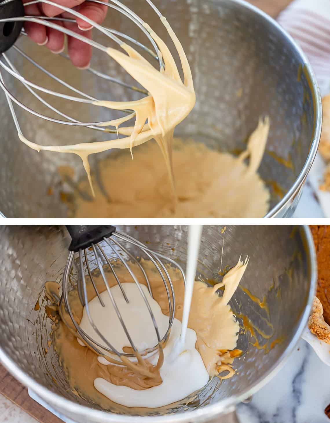 top whipped caramel dripping off a whisk into a mixing bowl, bottom adding cream to bowl to whip.