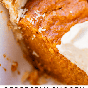 close up shot of slice of sweet potato pie in a white pie pan.
