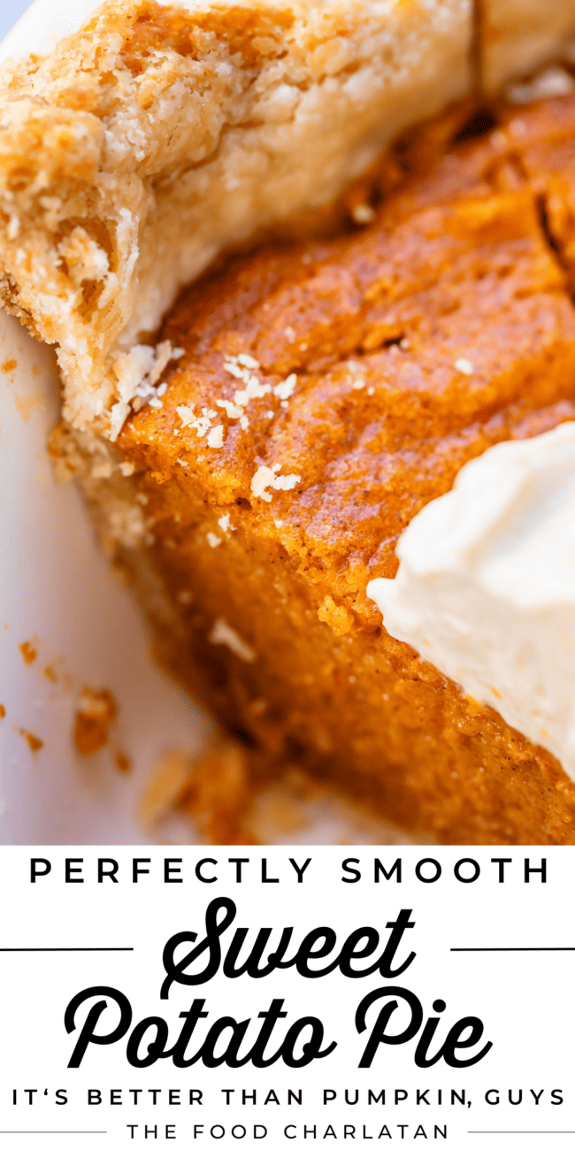 close up shot of slice of sweet potato pie in a white pie pan.