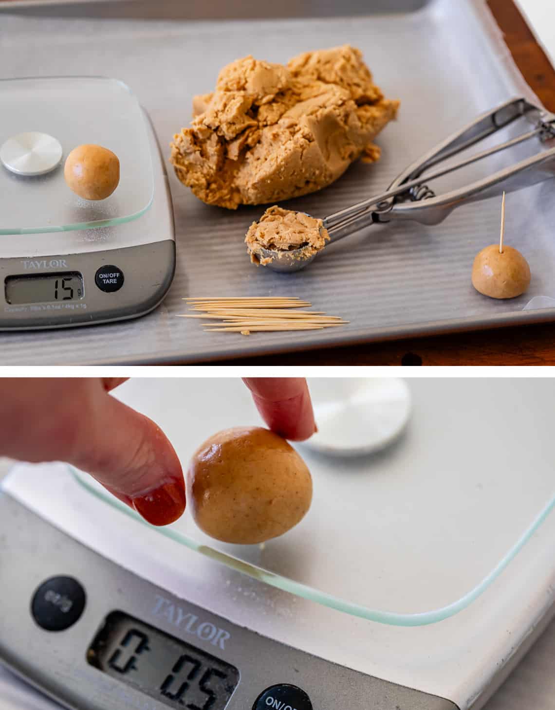 top cookie scoop to start forming dough into balls, bottom dough ball on scale at about 1/2 ounce.
