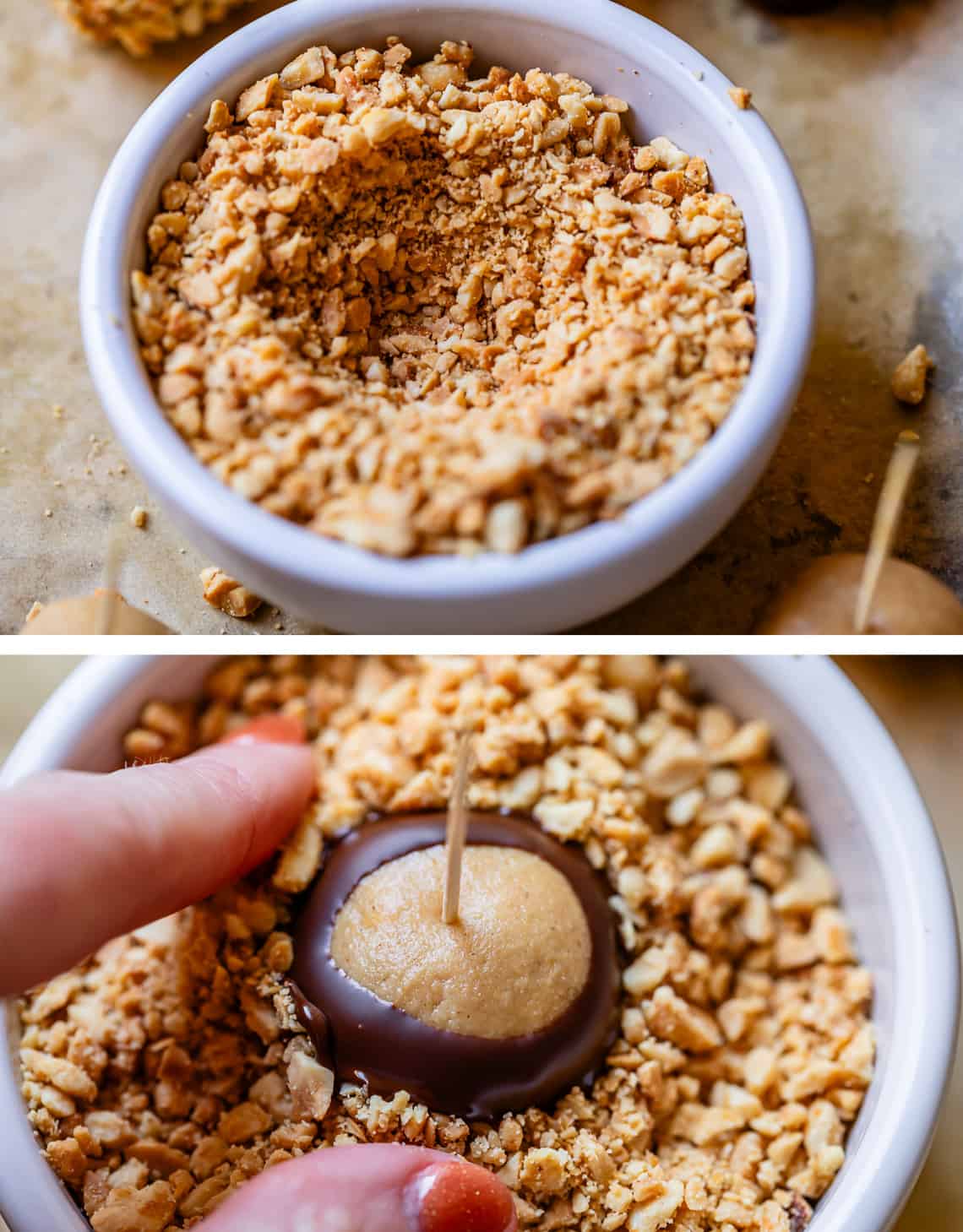 top little well made in a bowl of peanuts, bottom buckeye in the well and pressing nuts into the chocolate.