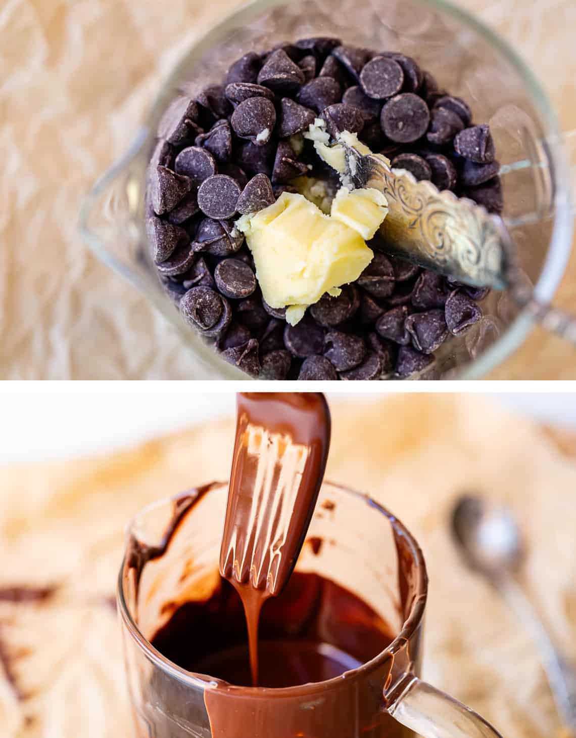 chocolate chips and shortening in a bowl, then melted with a fork.