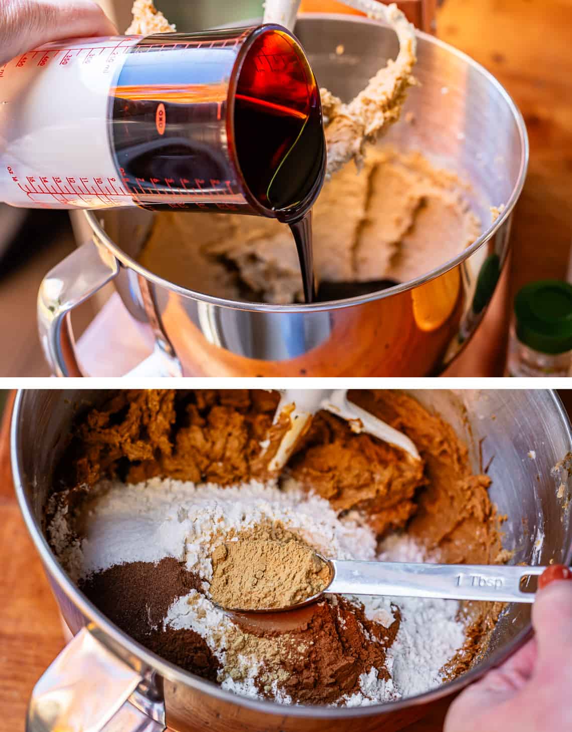 top molasses being poured from an adjustable measuring cup, bottom adding all the spices in.