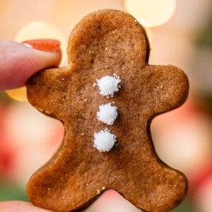 hand holding up tiny gingerbread man cookie with twinkle lights in background.