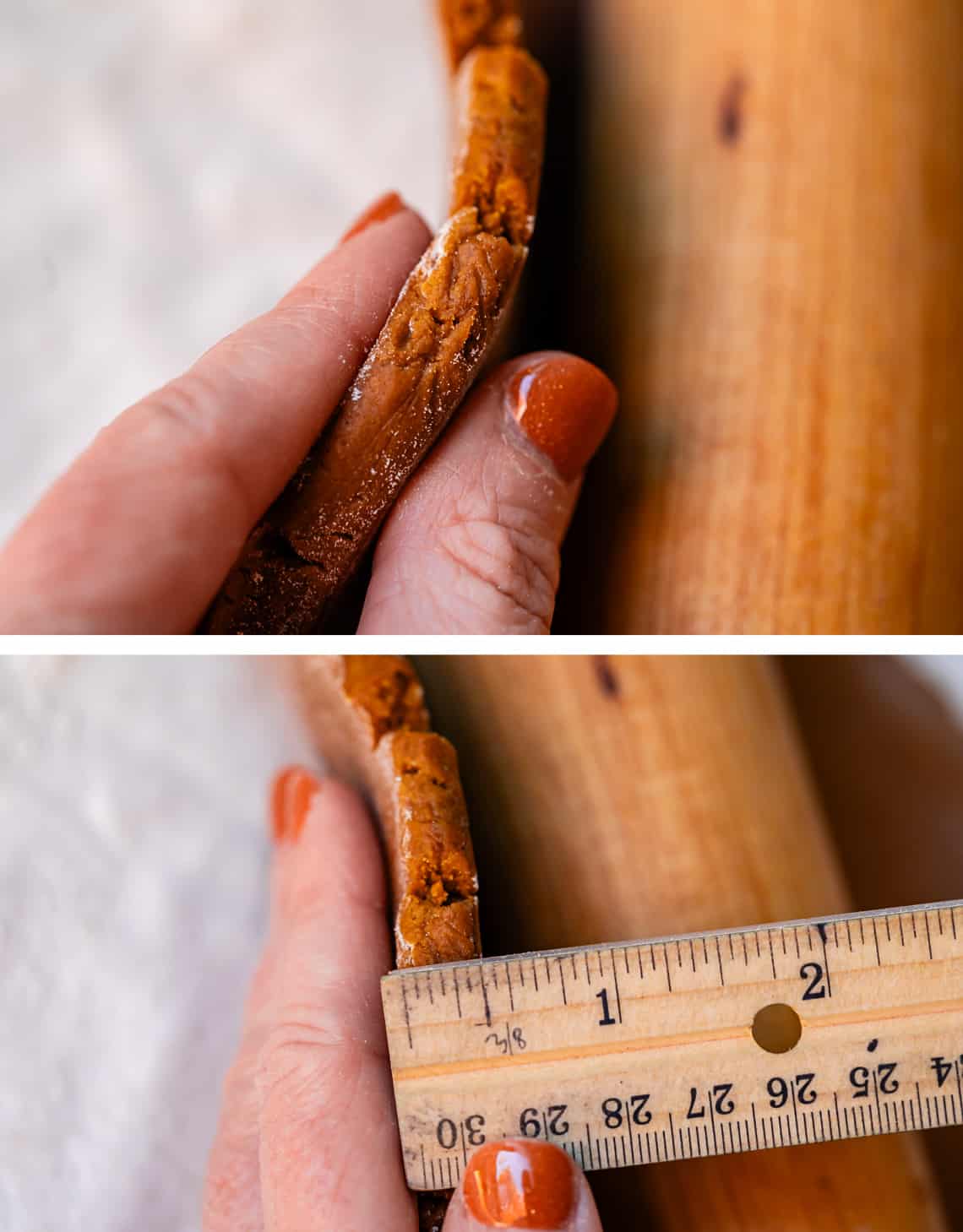 top showing with fingers the correct dough thickness, bottom 3/8" on a ruler thick.