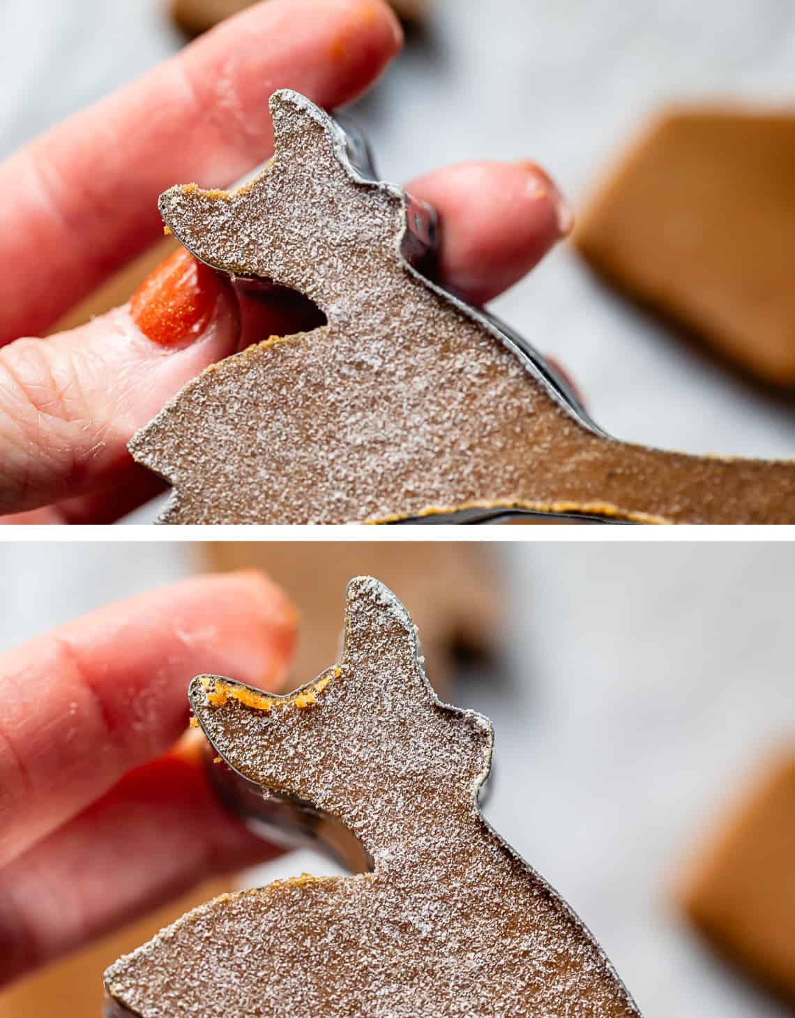 top hand holding a deer cookie cutter with dough in it, bottom wiping flour from the edges of the deer.