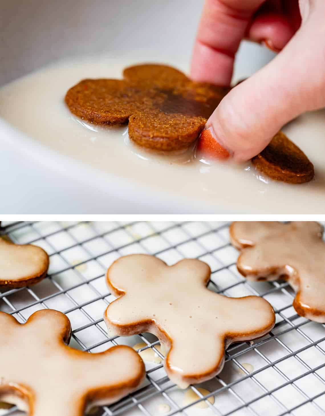 dipping gingerbread cookie into glaze, then drying on a cooling rack.