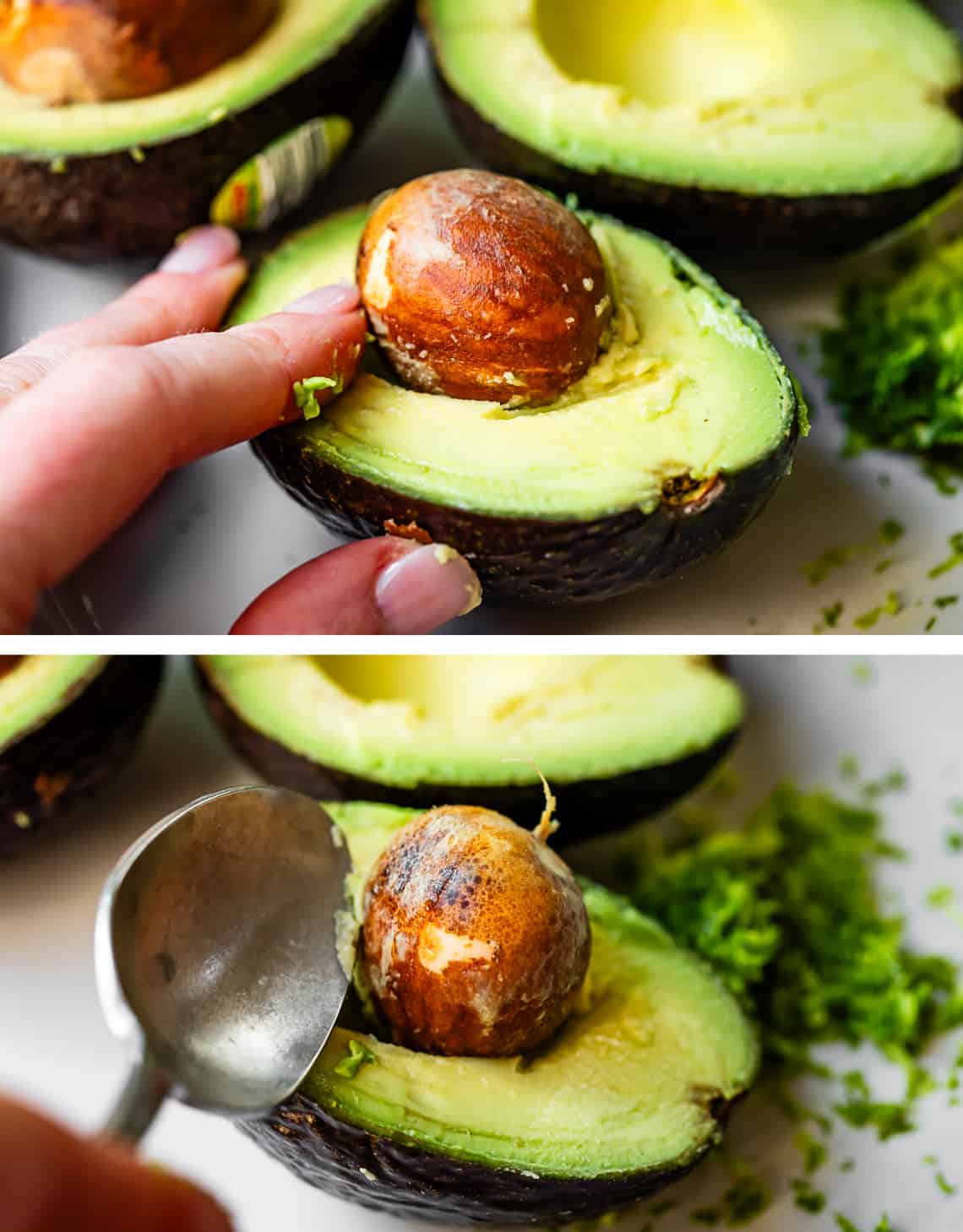 top using a finger to pop out the avocado pit, bottom using the spoon to pop out the pit.