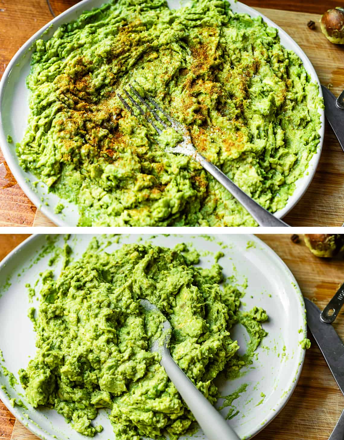 top smashed avocado with seasonings sprinkled over, bottom using a spatula to mix it together.