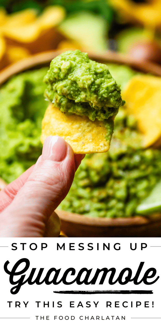 finger and thumb holding a chip with guac on it and text stop messing up guacamole try this easy recipe.