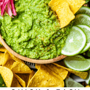 wooden bowl filled with guacamole and text that says quick and easy homemade guacamole.