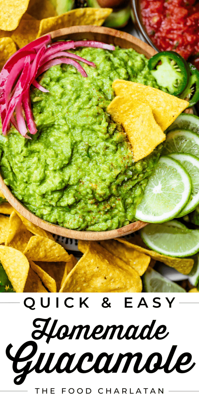 wooden bowl filled with guacamole and text that says quick and easy homemade guacamole.