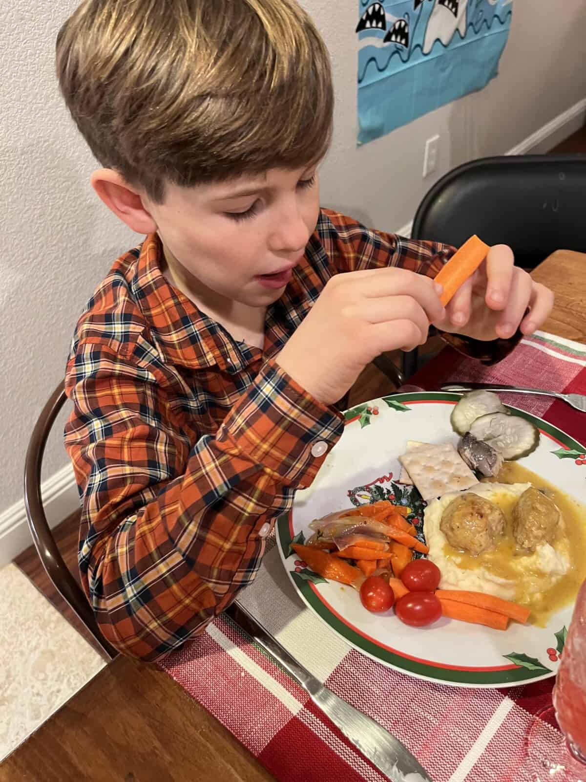 boy eating a plate of meatballs and carrots.