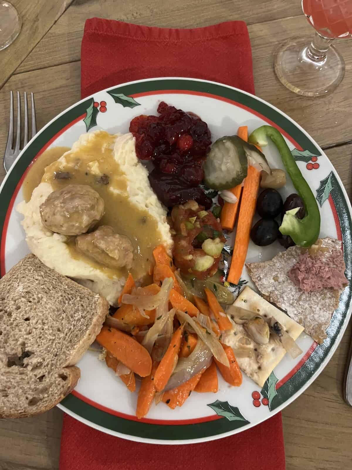 overhead shot of a plate of Swedish Christmas eve traditional food.